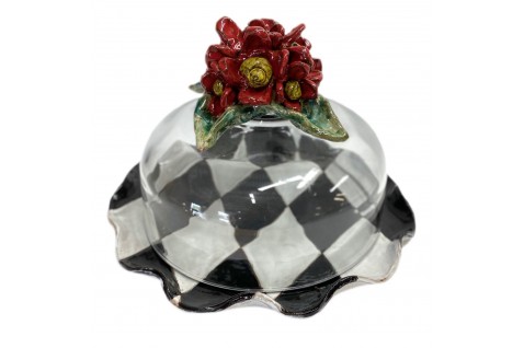 Cake Plate w/Dome Red Flowers, Blk/Antique White Harlequin