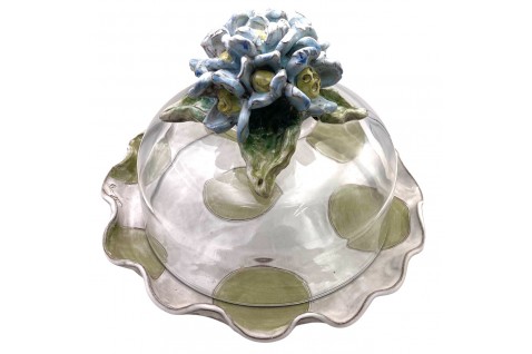 Cake Plate w/Blue Flowers Green/White Dots Plate