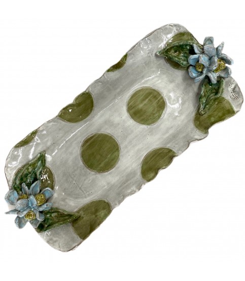 Barbara Jean Tray w/Blue Flowers/Leaves Green Dots