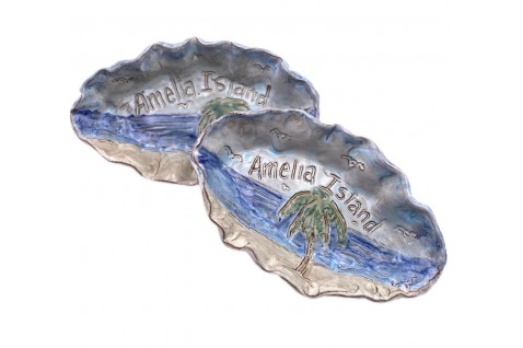 Tater Dish Lg. "Amelia Island" w/Beach Scene, Etched Bird