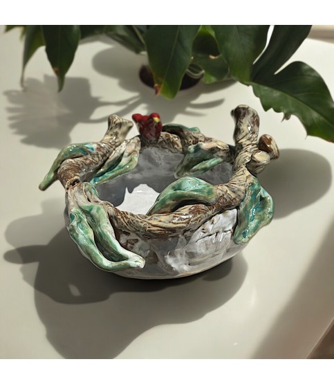 Betsy Rose Bowl w/Red Bird Small 7 ½"W X 5 ½"T