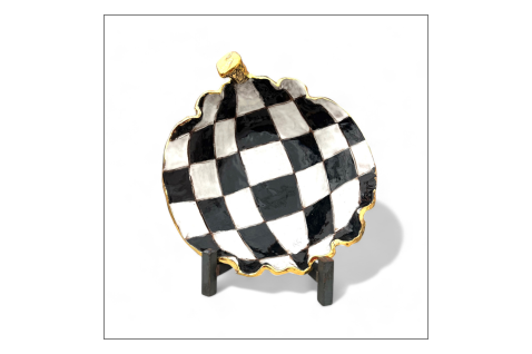 Pumpkin Bowl B/W Checkerboard w/24K Gold Approx. 10.5"