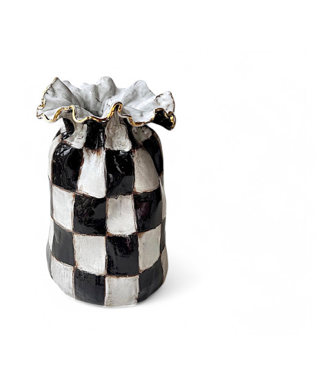 Jumbo SAK Vase Black & White Checkerboard w/22K Gold Luster Rim