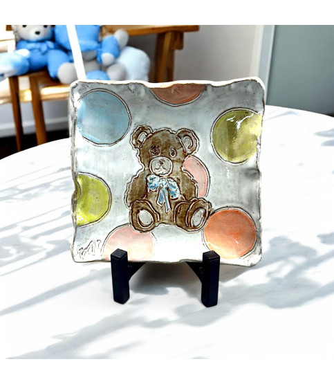 Teddy Bear Tray 7.5" X 7.5" Baby Boy (Blue Bow)