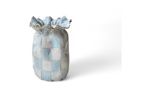 Jumbo SAK Vase Blue & White Checkerboard w/22K Gold Luster Rim