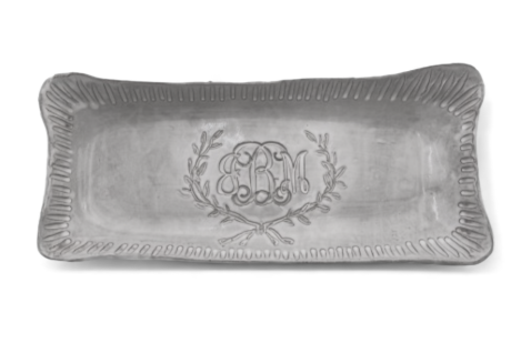 17.5x7.5x2-inch monogrammed bread tray with laurel wreath by Three eDesigns for elegant serving and home decor