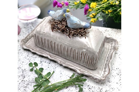 Butter Dish 2 Blue Birds/Nest