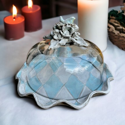 Cake Plate w/Dome Flowers, Bird Nest & Blue/White Dots