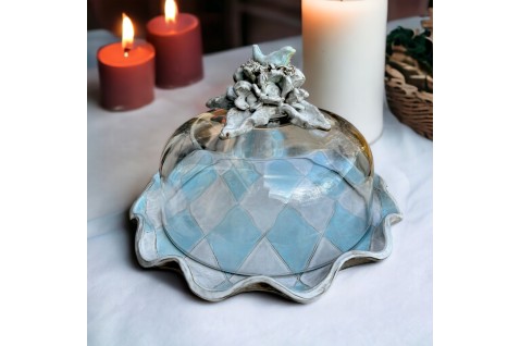 Cake Plate w/Dome Flowers, Bird Nest & Blue/White Dots