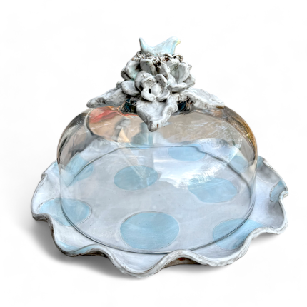 Cake Plate w/Dome Flowers, Bird Nest & Blue/White Dots