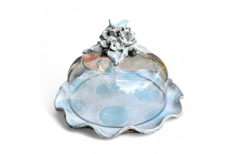 Cake Plate w/Dome Flowers, Bird Nest & Blue/White Dots