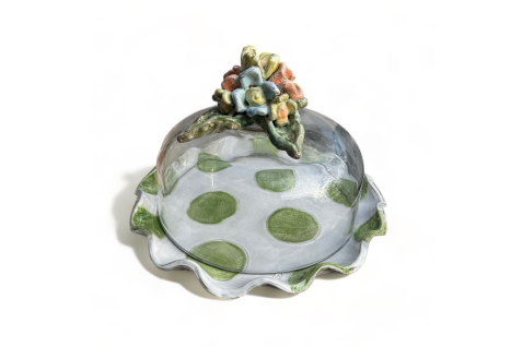 Cake Plate w/Dome Colorful Flower, Green/ White Dots