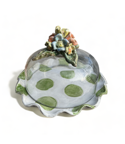 Cake Plate w/Dome Colorful Flower, Green/ White Dots