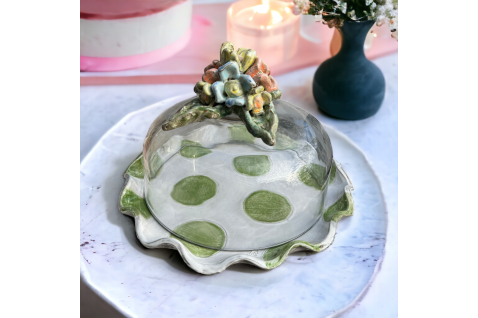 Cake Plate w/Dome Colorful Flower, Green/ White Dots