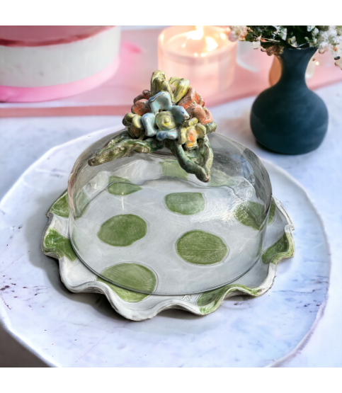 Cake Plate w/Dome Colorful Flower, Green/ White Dots
