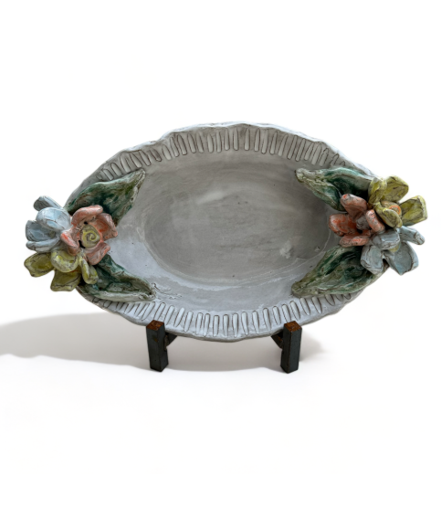 Casserole Dish w/Handles  Colorful Flowers/Leaves, Antique White 15.5" X 10"