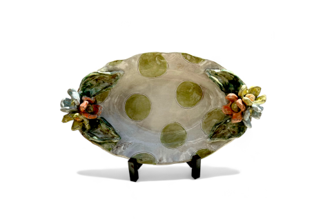 Casserole Dish w/Colorful Flowers AW w/Green Dots