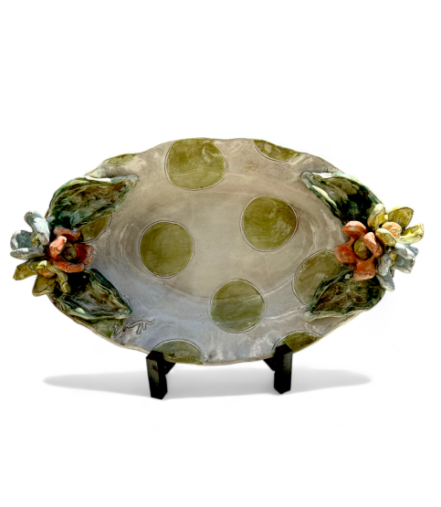 Casserole Dish w/Colorful Flowers AW w/Green Dots