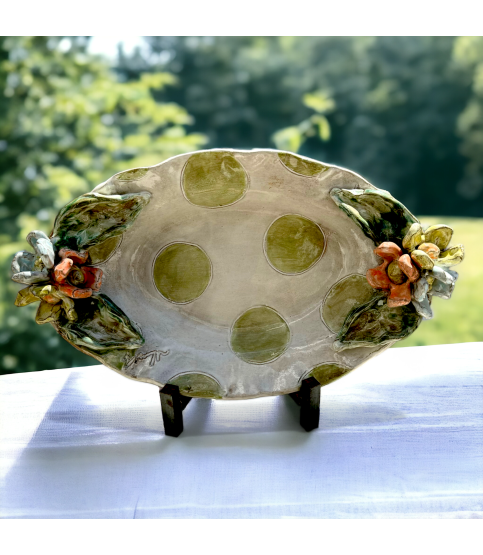 Casserole Dish w/Colorful Flowers AW w/Green Dots