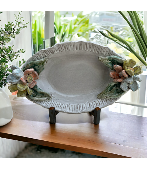 Casserole Dish w/Handles  Colorful Flowers/Leaves, Antique White 15.5" X 10"
