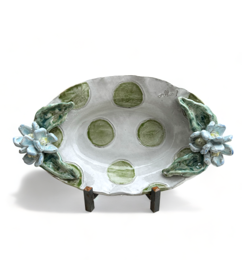 Casserole Dish w/Blue Flowers Green Dots