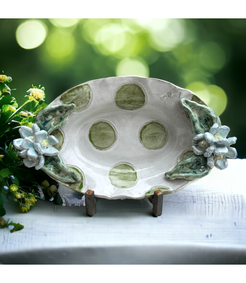 Casserole Dish w/Blue Flowers Green Dots