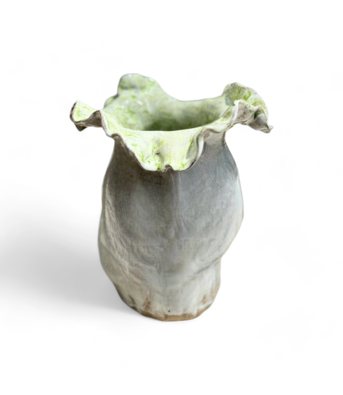 Sak Vase  7" X 6"  Antique White w/Green Center