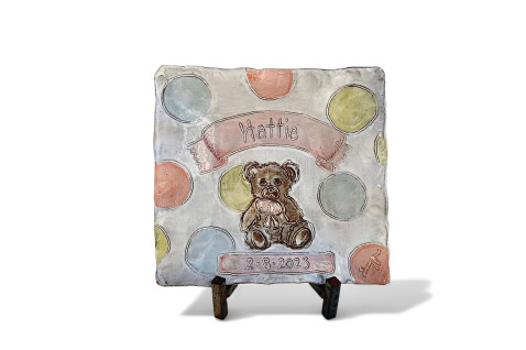 Newborn Baby Teddy Bear Tray w/Name and Birthdate 10" X 10"