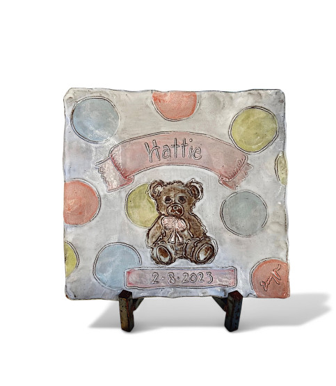 Newborn Baby Teddy Bear Tray w/Name and Birthdate 10" X 10"