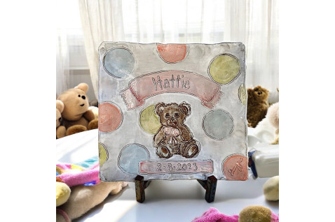Newborn Baby Teddy Bear Tray w/Name and Birthdate 10" X 10"