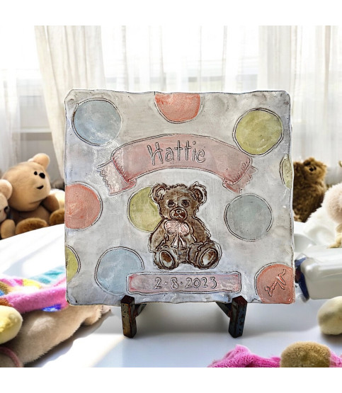 Newborn Baby Teddy Bear Tray w/Name and Birthdate 10" X 10"