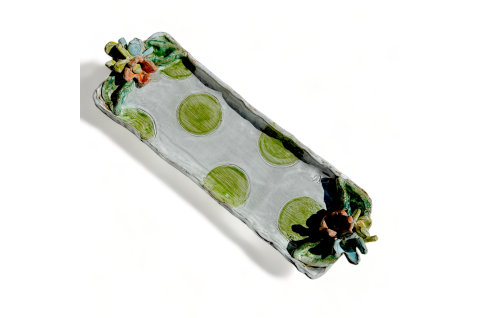 Hostess Tray w/Tri Color Flowers, Leaves & Green Dots 16.5" X 5" 