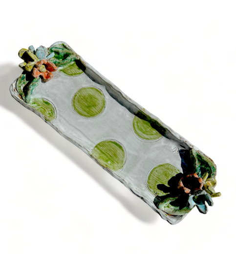 Hostess Tray w/Tri Color Flowers, Leaves & Green Dots 16.5" X 5" 