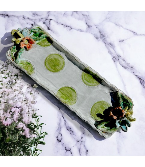 Hostess Tray w/Tri Color Flowers, Leaves & Green Dots 16.5" X 5" 