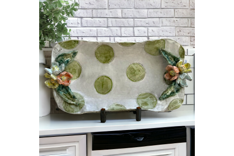 Barbara Jean Tray w/Colorful Flowers Green Polka Dots