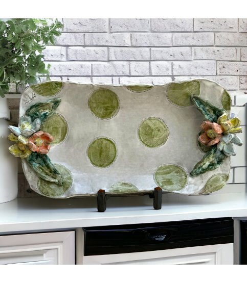 Barbara Jean Tray w/Colorful Flowers Green Polka Dots