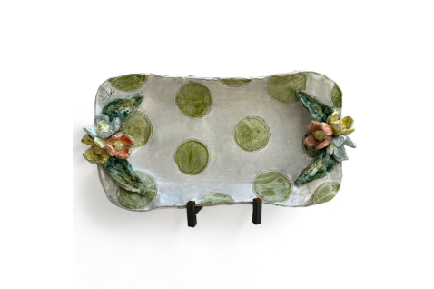 Barbara Jean Tray w/Colorful Flowers Green Polka Dots