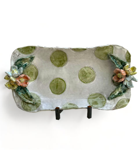 Barbara Jean Tray w/Colorful Flowers Green Polka Dots