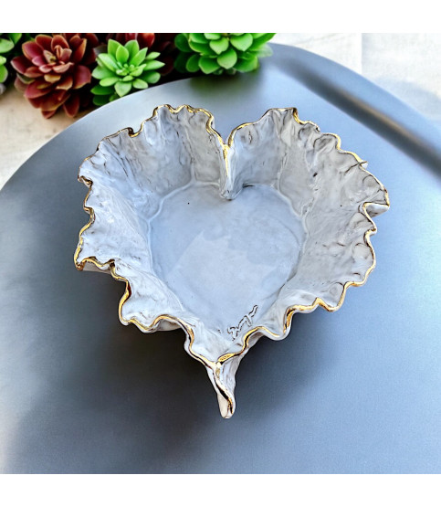 Dani Heart Dish  White w/24K Gold Rim  Large  9" X 10" X 3"