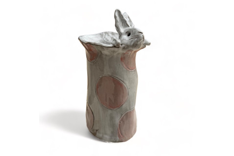 Vase 7" X 6" Bunny w/Pink Dots