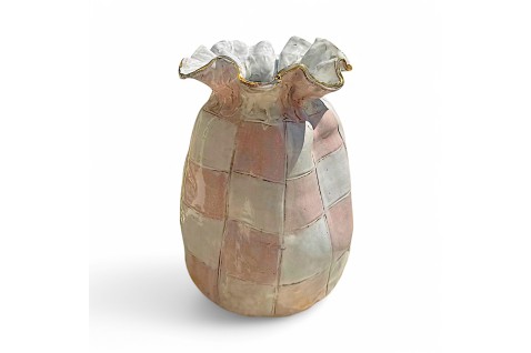 Jumbo SAK Vase Pink & White Checkerboard w/22K Gold Luster Rim