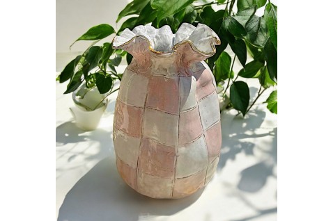 Jumbo SAK Vase Pink & White Checkerboard w/22K Gold Luster Rim