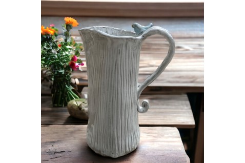 Blurred Lines Pitcher  Antique White  w/Bird 8.5" Tall