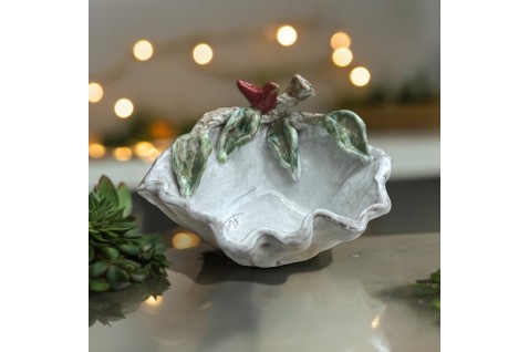 Corner Dip Bowl w/Red Bird on Branch