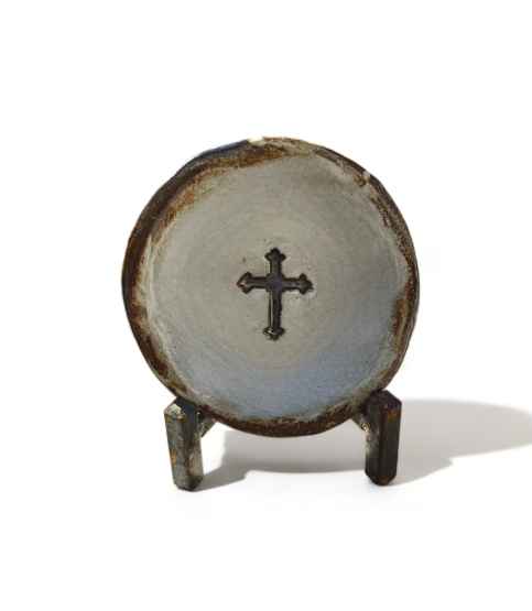 Ring Dish w/Cross 4" Antique White with Antiquing 