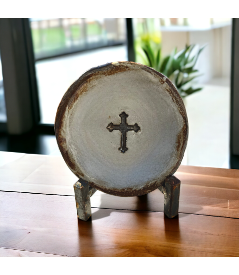 Ring Dish w/Cross 4" Antique White with Antiquing 