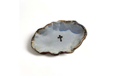 Jewelry Bowl w/Cross 7.5" X 4.5" Antique White with Antiquing 16.50