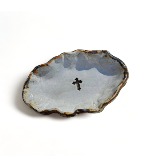 Jewelry Bowl w/Cross 7.5" X 4.5" Antique White with Antiquing 16.50