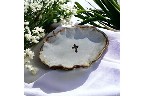 Jewelry Bowl w/Cross 7.5" X 4.5" Antique White with Antiquing 16.50