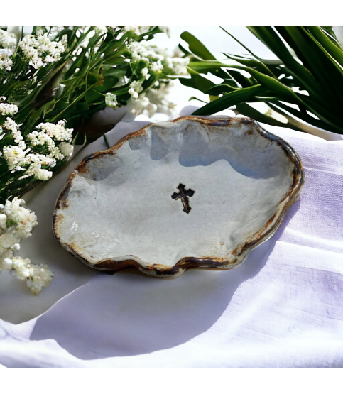 Jewelry Bowl w/Cross 7.5" X 4.5" Antique White with Antiquing 16.50